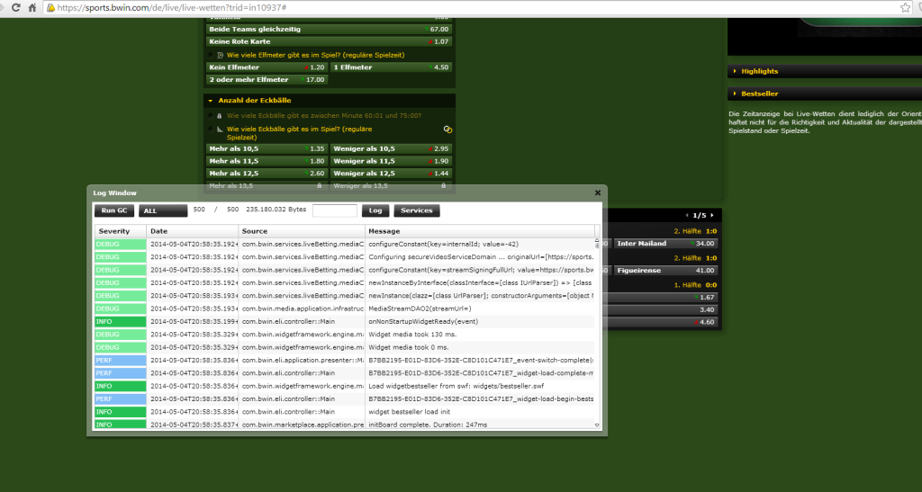 Screenshot bwin.de Entwicklerkonsole